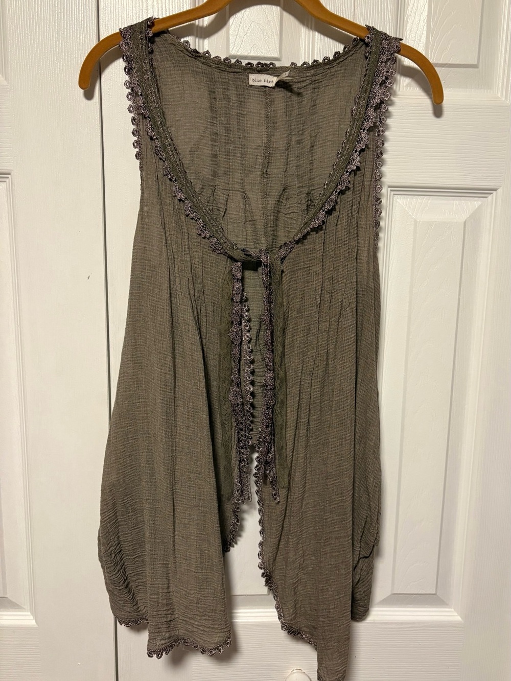 Blue Bird Sleeveless Gauzy Crochet-Trim Vest in Olive Green with Lace Tie